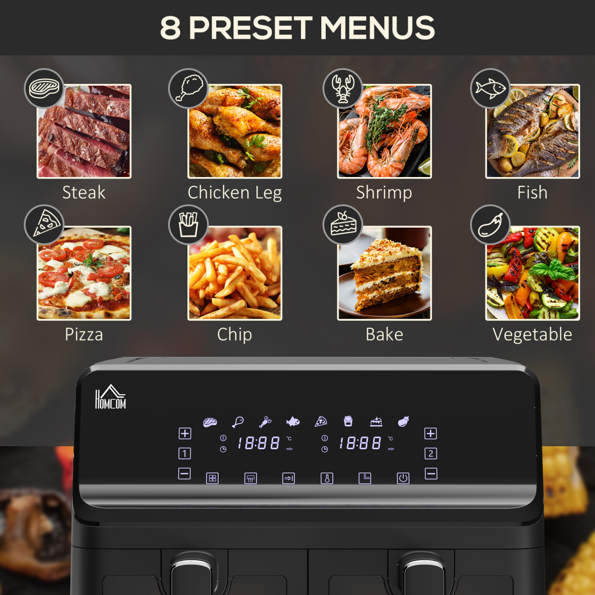 Dual Basket Air Fryer 8L Family Size, 8 Presets, Timer, Cookbook, 2500W, Black