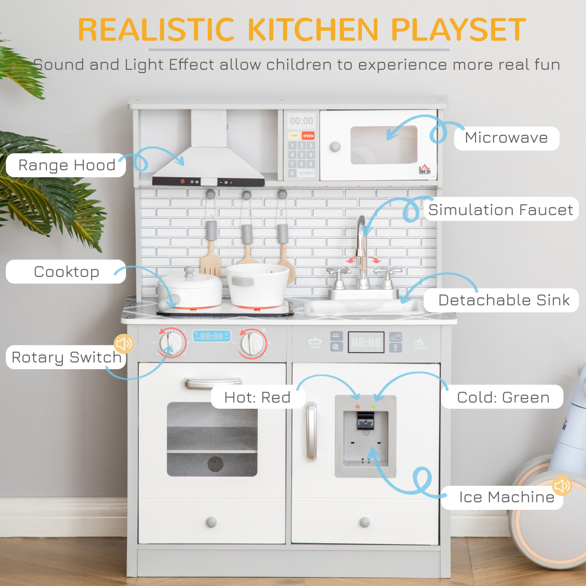 Kids Wooden Toy Kitchen Pretend Play Cooking Playset for 3-6 Years Old
