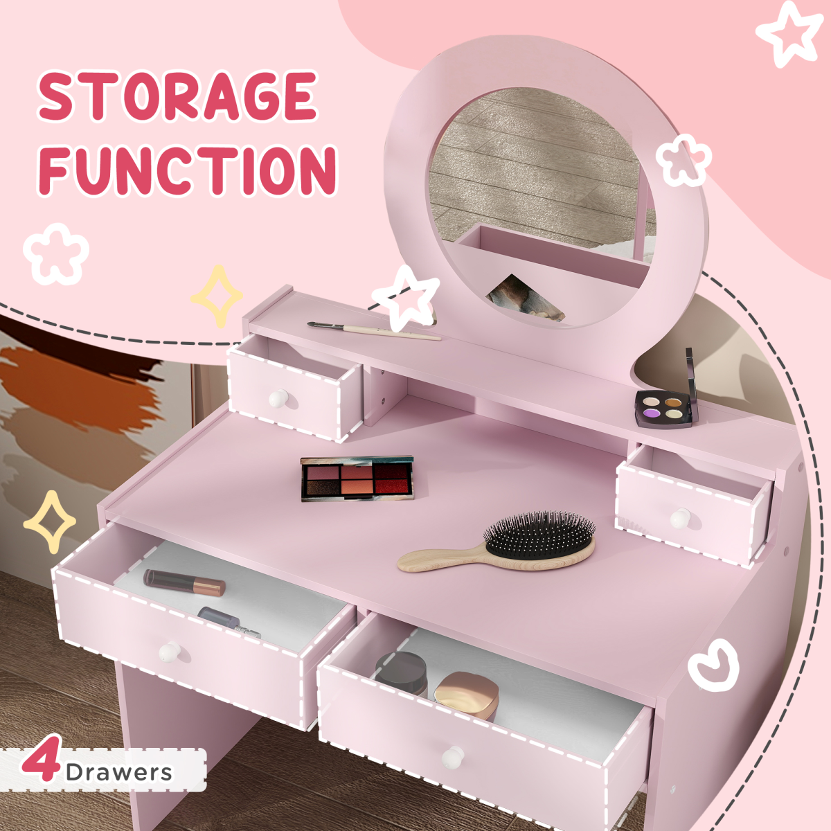 AIYAPLAY Pink Kids Vanity Table and Stool Set with Mirror, 4 Drawers