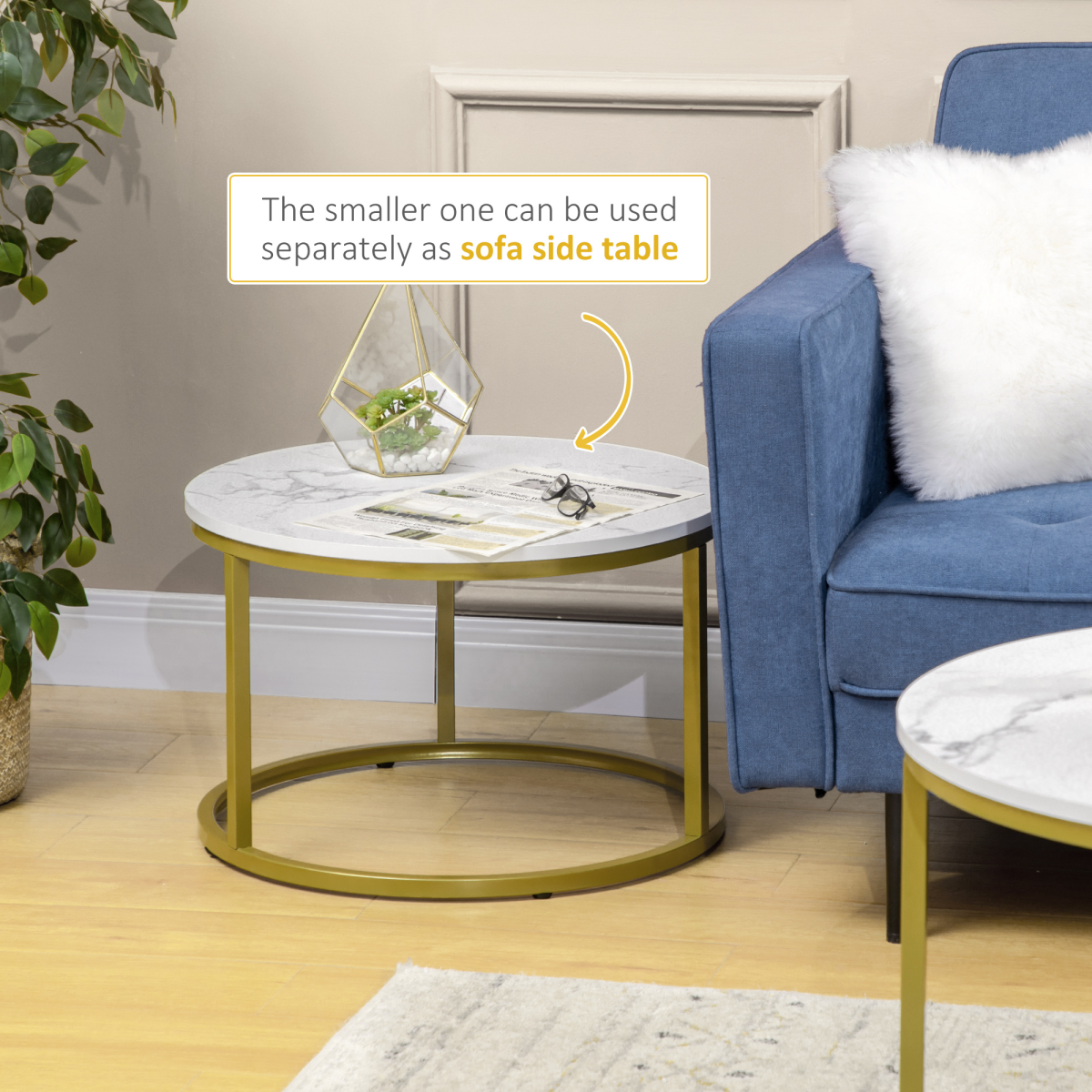 HOMCOM Set of 2 Round Nesting Marble Coffee Tables for Living Room