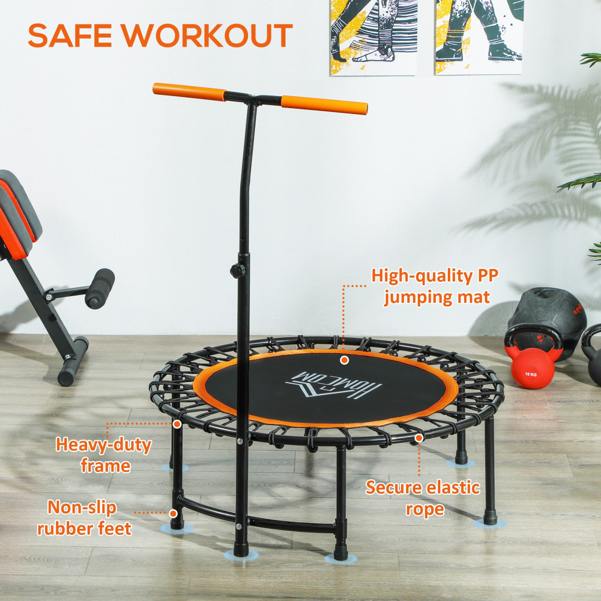 HOMCOM 40" Adult Mini Trampoline with Adjustable Handle, Orange