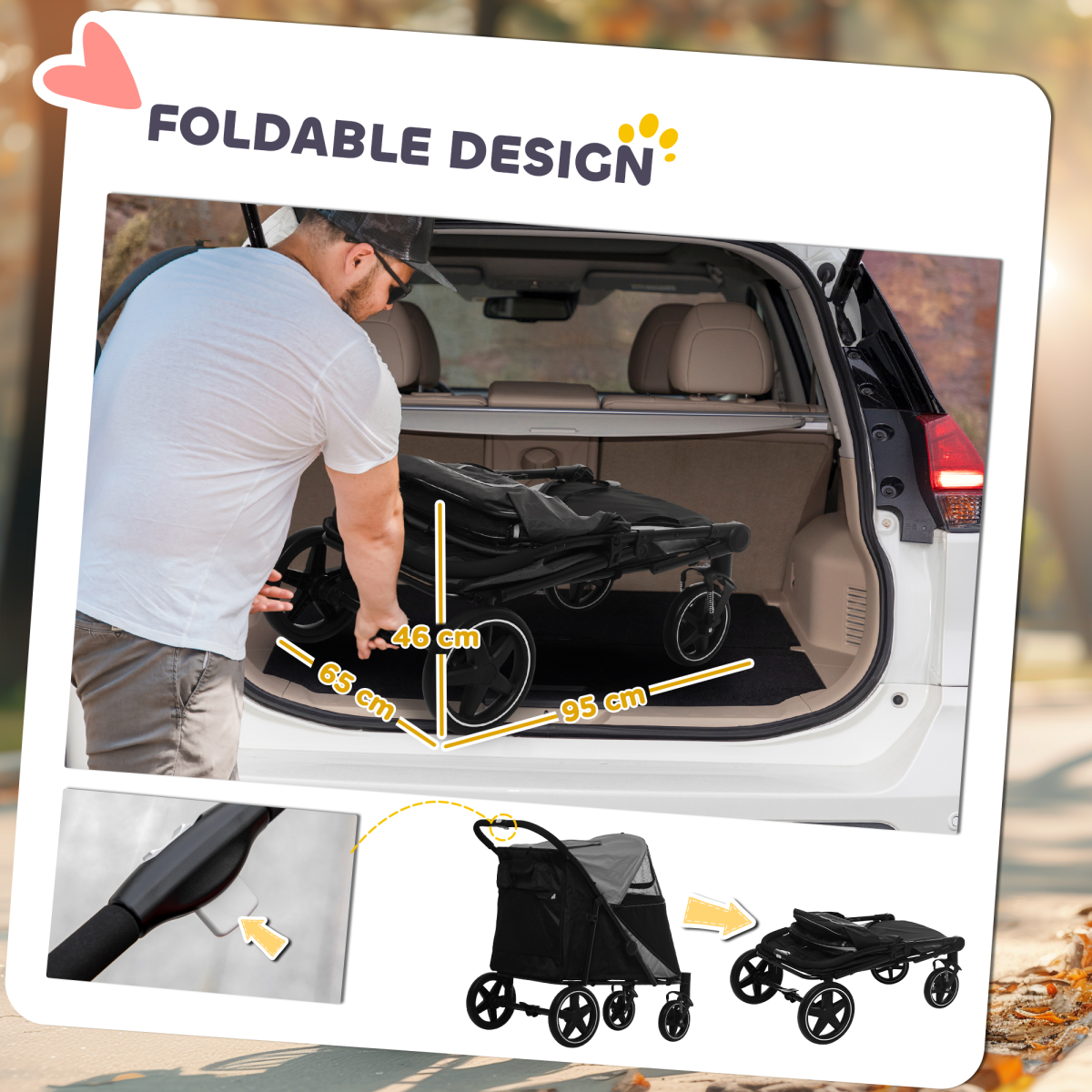 PawHut Foldable Dog Pram with Universal Front EVA Wheels, Safety Leashes, Steel Frame, Grey and Black