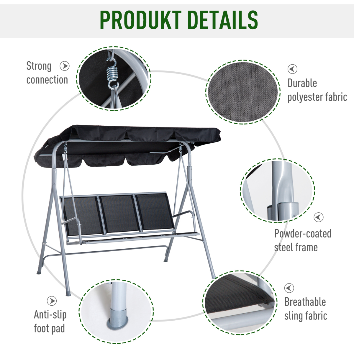 Outsunny Outdoor 3-Seater Swing Chair with UV Protected Canopy and Sling Fabric Seating