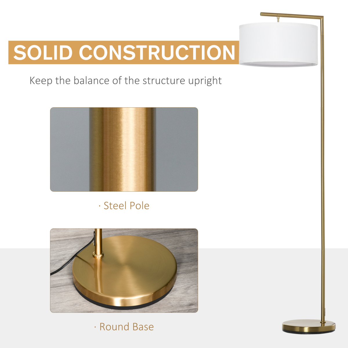 HOMCOM Floor Lamp with White Linen Lampshade and Round Base for Living Room Bedroom