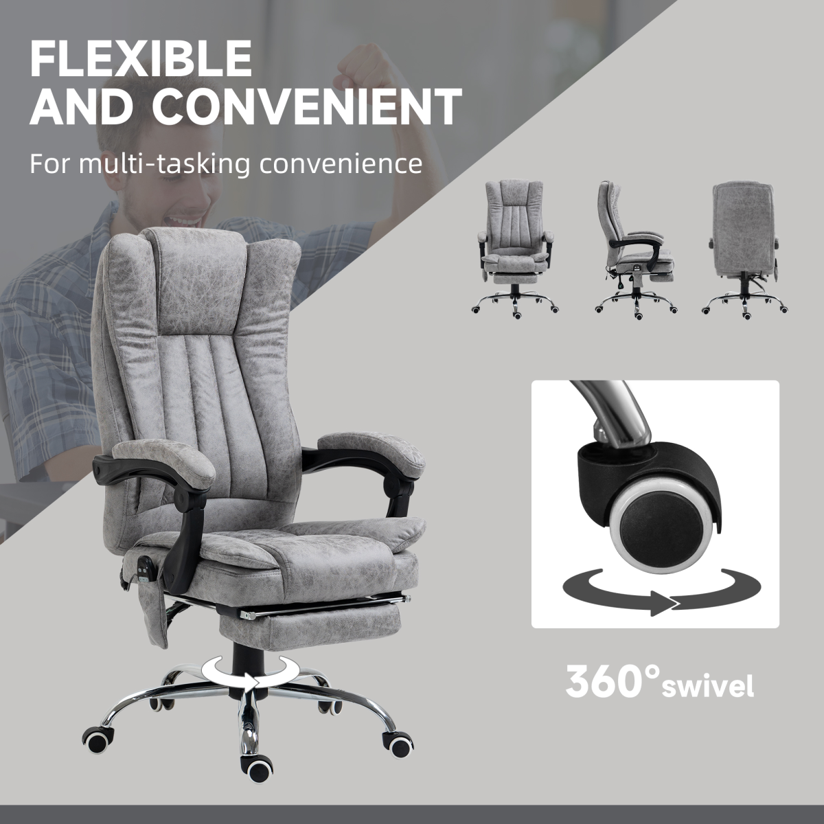 6-Point Vibrating Massage Office Chair w/ Microfibre Upholstery Arms Grey