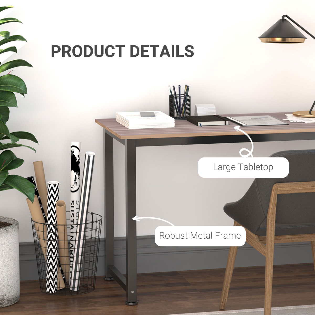 HOMCOM Computer Desk with Black Metal Frame, MDF Top, 120W x 60D x 76Hcm, Oak Grain Tone