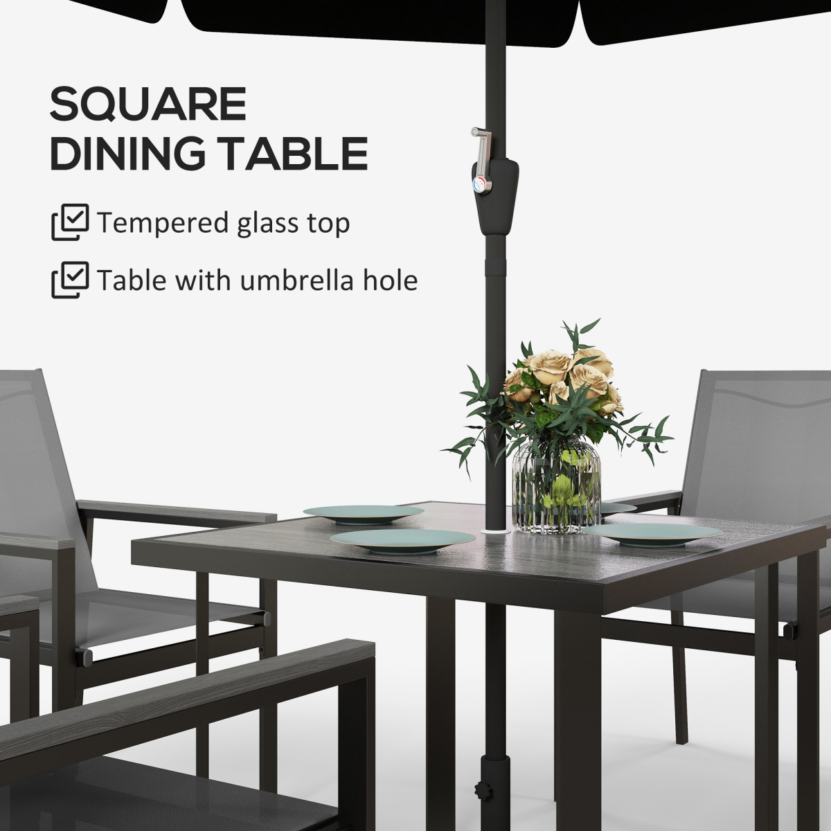 Outsunny 5 Piece Outdoor Garden Dining Set with 4 Chairs, Steel Frame and Tempered Glass Table, Grey