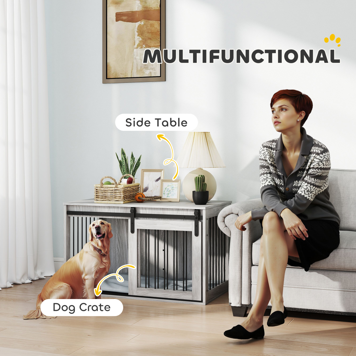 PawHut Grey Dog Crate Furniture with Cushion, Side Table for Large Dogs