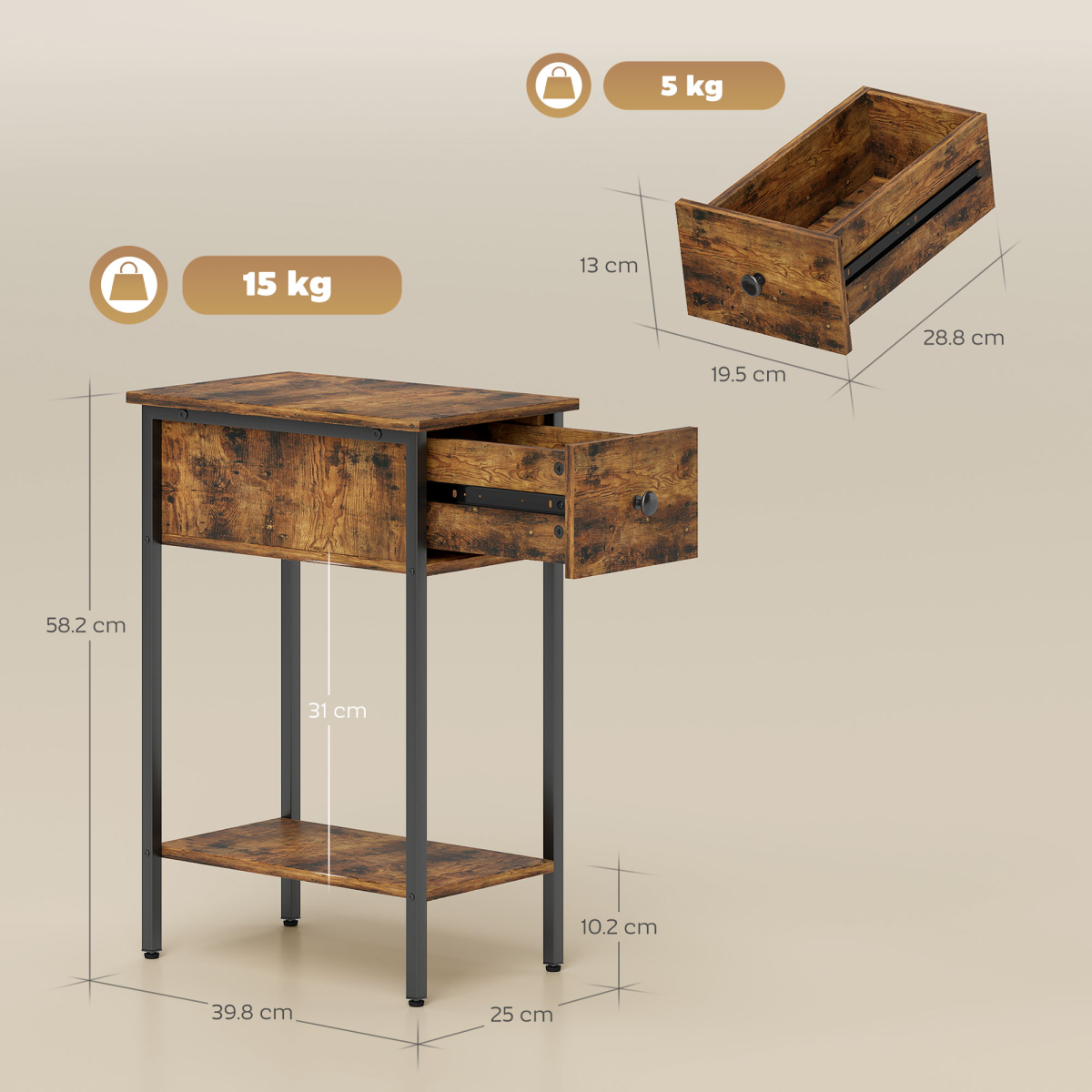 HOMCOM Industrial Narrow End Table with Drawer & Shelf, Rustic Brown