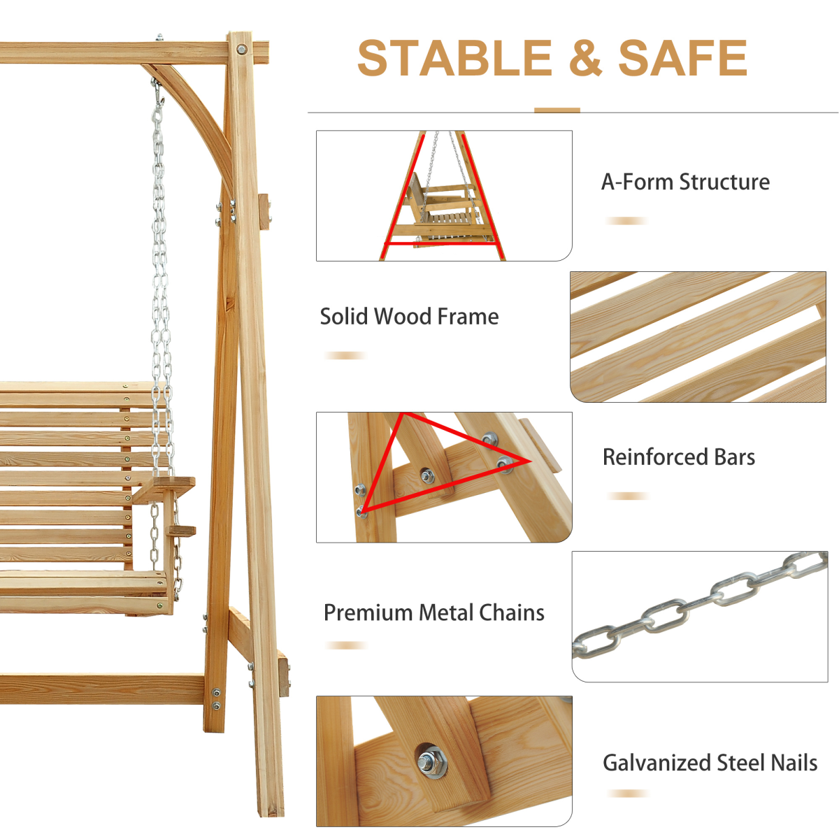 Outsunny 2-Seater Larch Wood Garden Swing Bench with Cup Trays