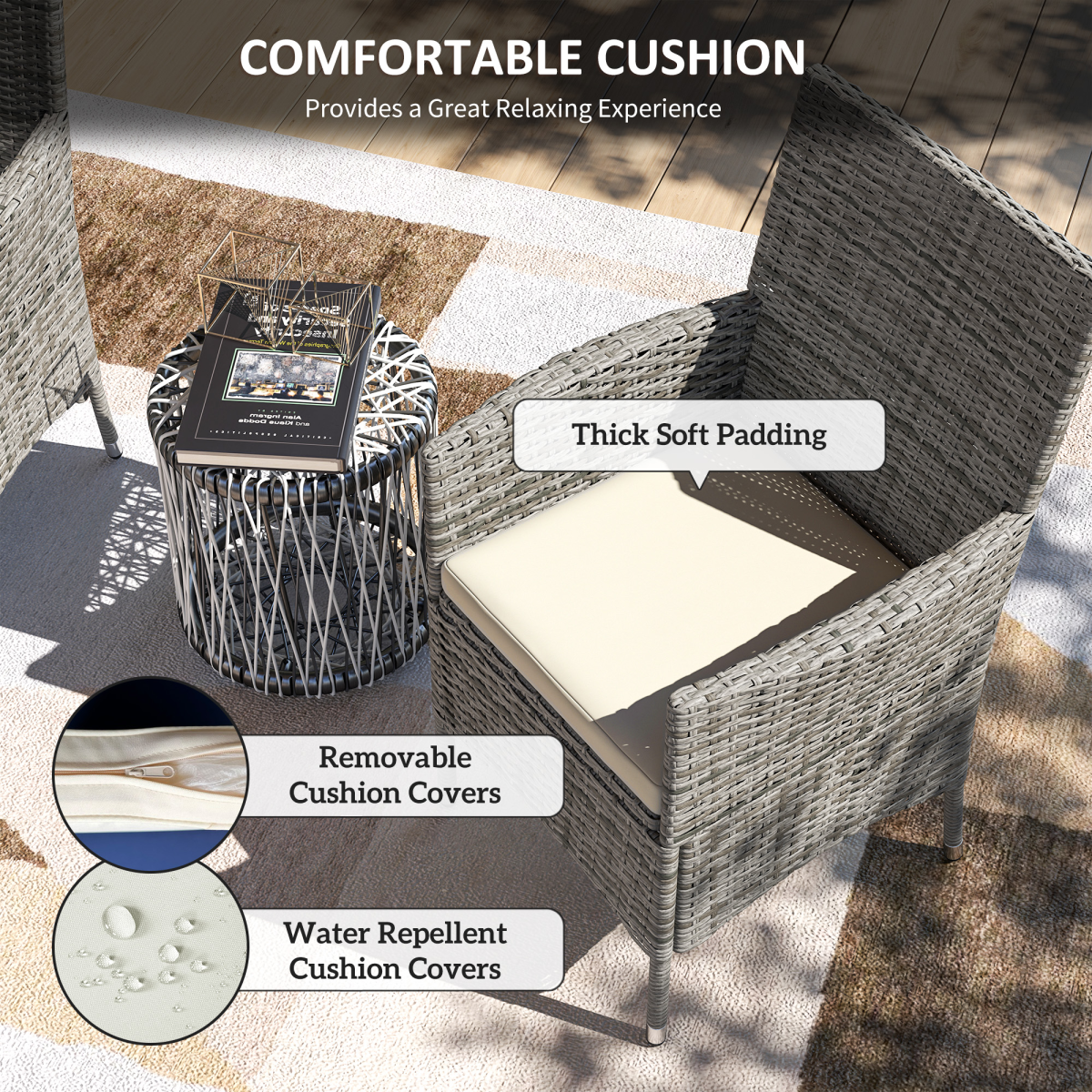 Outsunny 2-Piece Outdoor Rattan Armchair Set with Cushions, Garden Dining Chairs, Mixed Grey