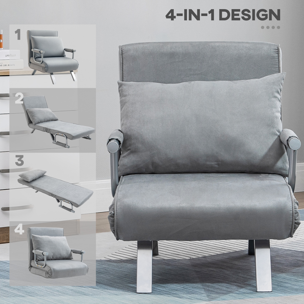 Sofa Bed Foldable Portable Armchair Sleeper Lounge Pillow Light Grey