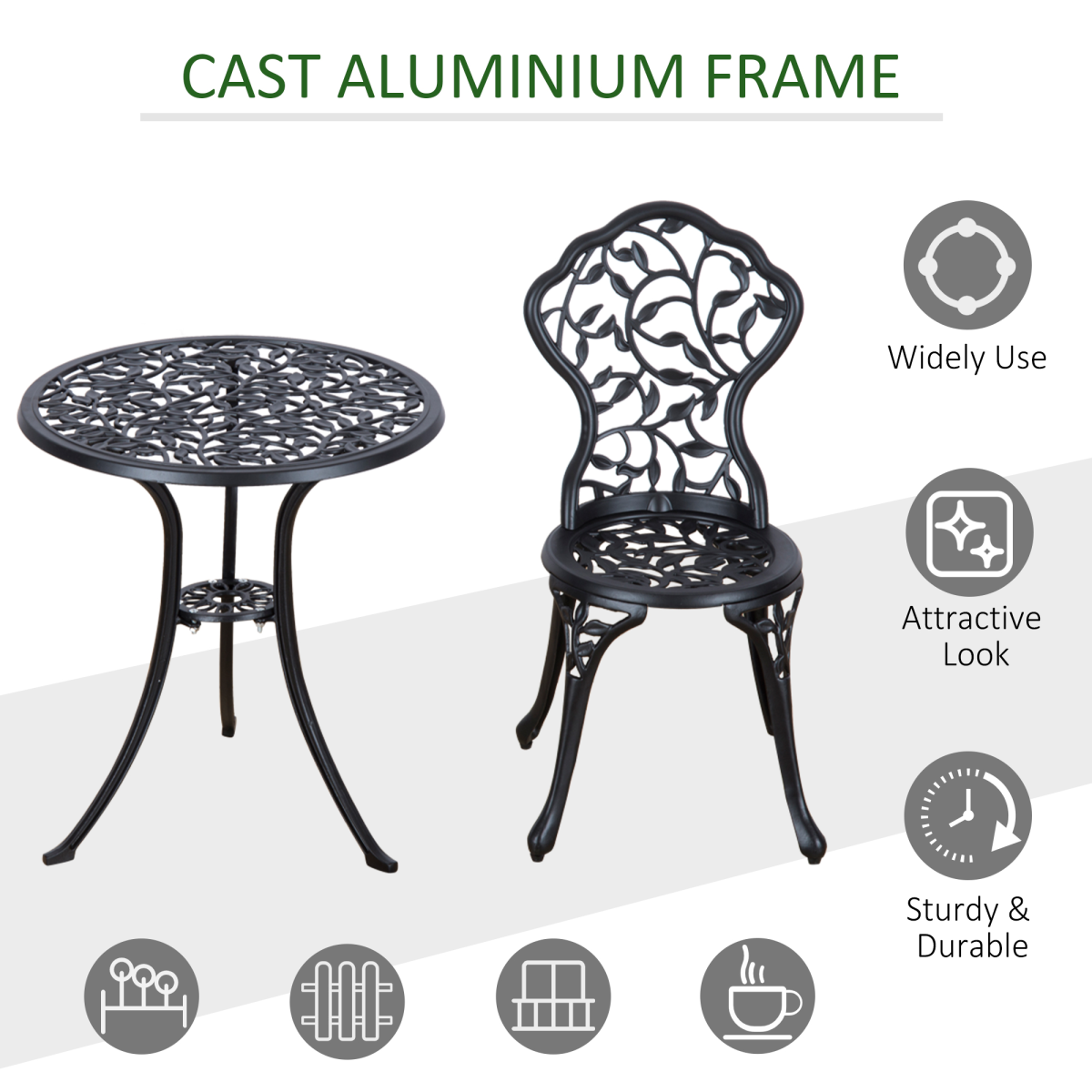 Outsunny 3 Piece Cast Aluminum Bistro Set, Black