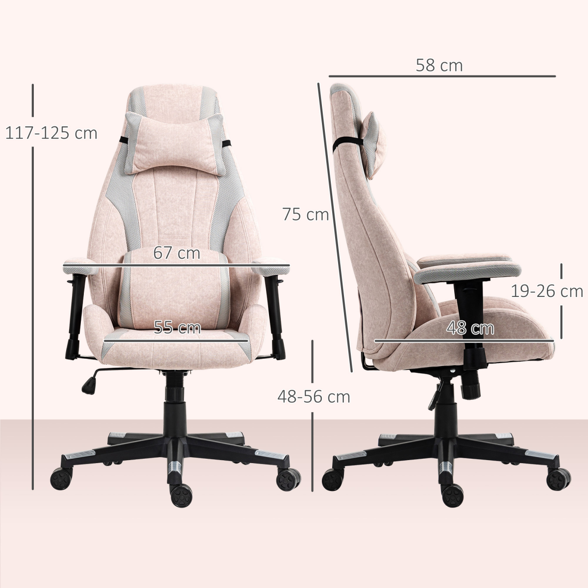HOMCOM Pale Pink Gaming Chair with Lumbar Support and Swivel Wheels