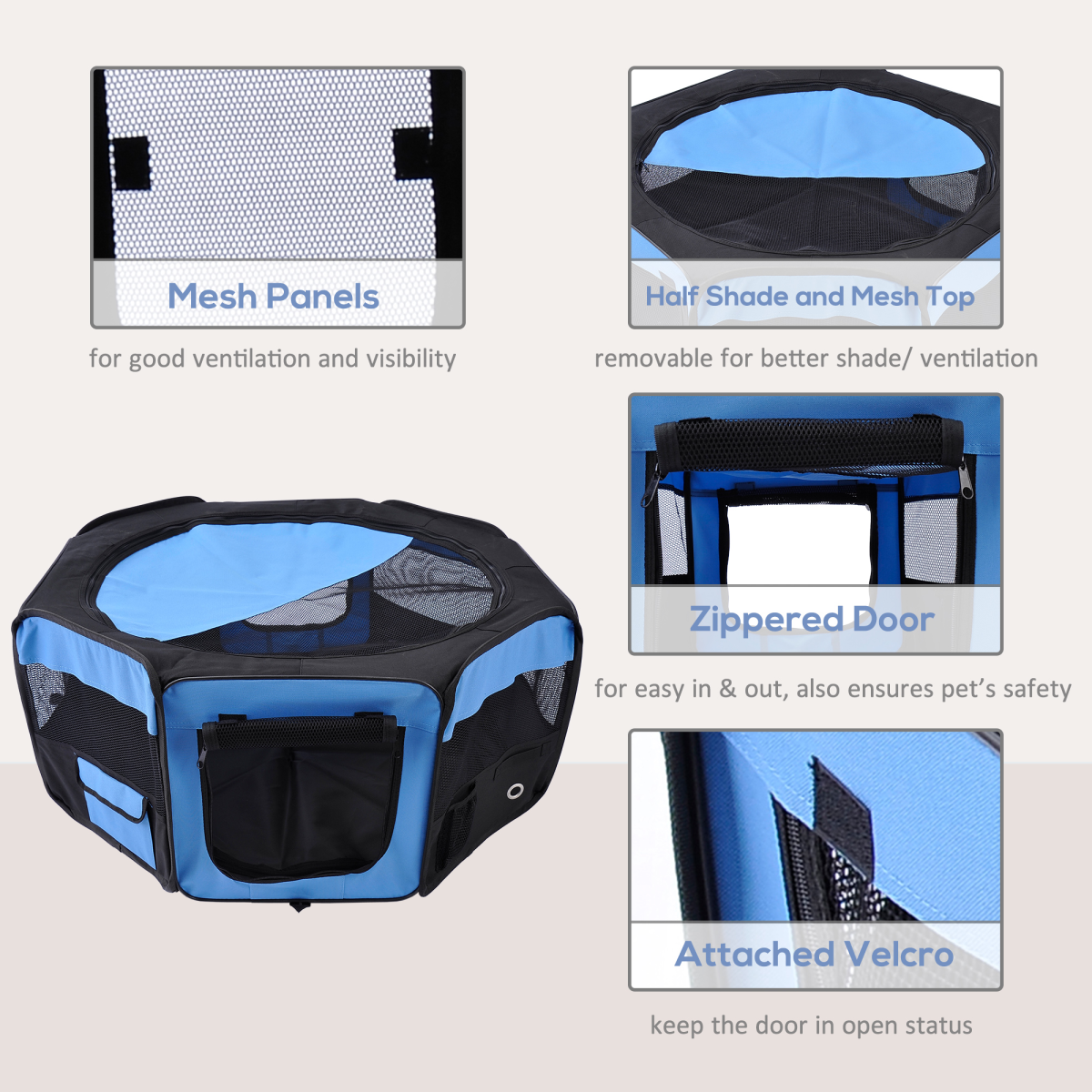 PawHut Fabric Pet Playpen with Steel Frame, Waterproof Removable Bottom, Mesh Sides and Top, Zipped Doors, Carry Bag