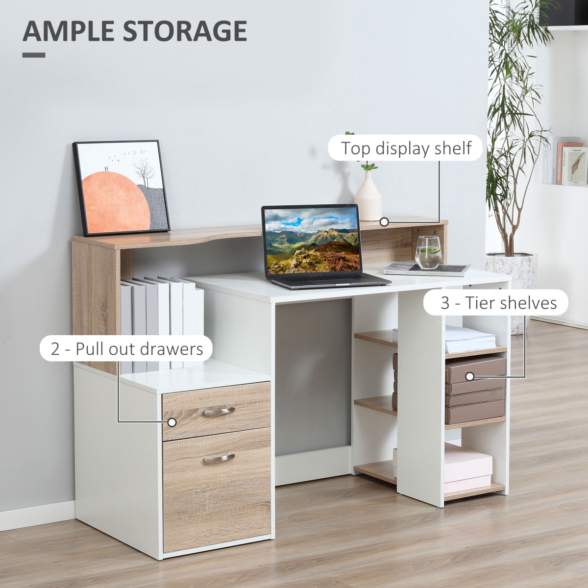 Multi-Storage Workstation Desk with Side Shelves, 2-Drawer Cabinet and Printer Space, Home Office Desk, Oak