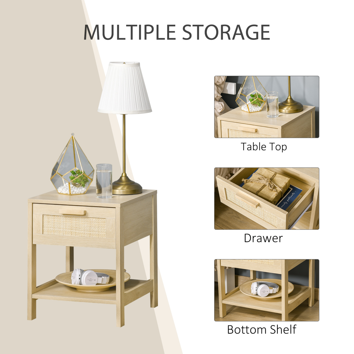 Rattan Nightstand with Drawer & Shelf, Wood-Effect Bedside Table
