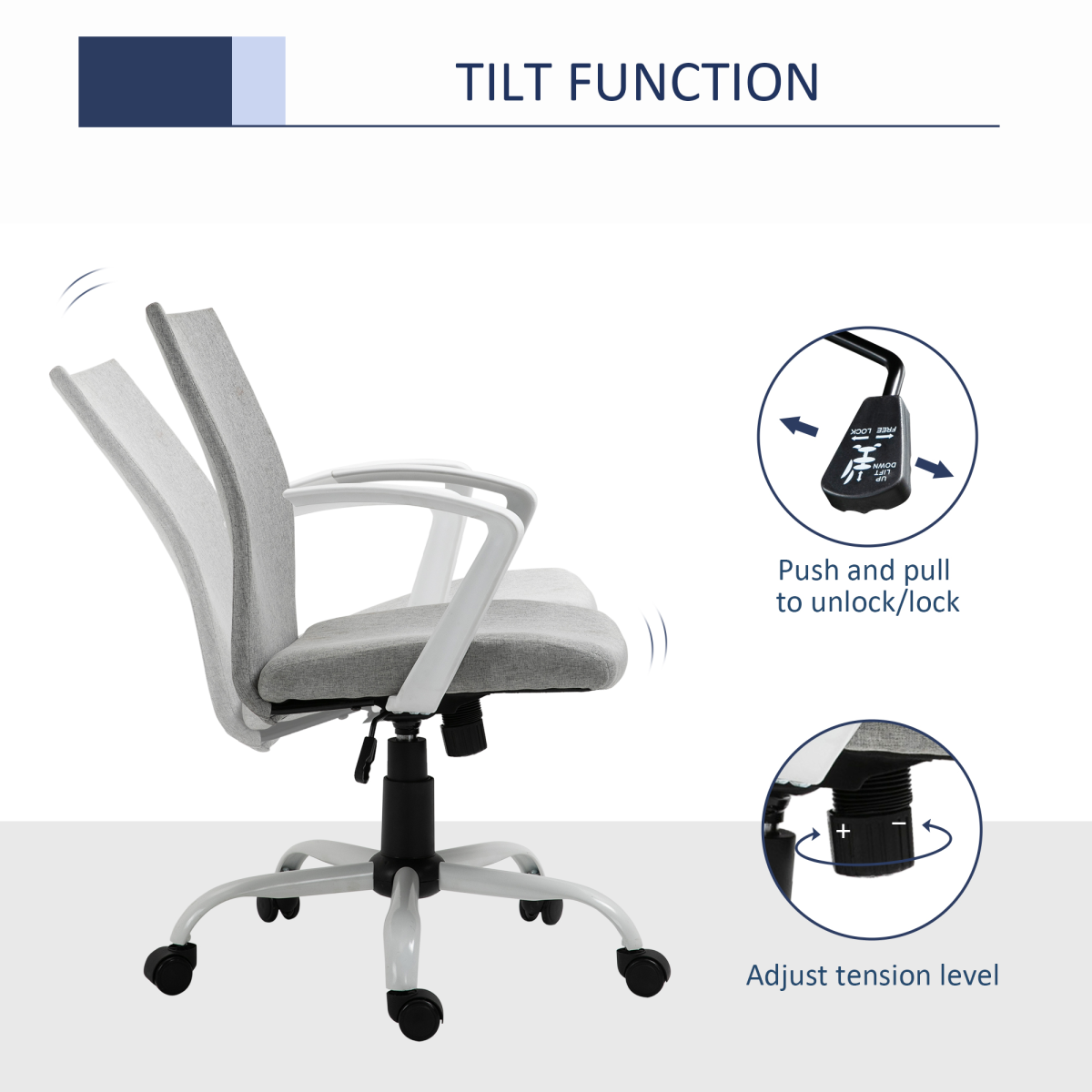 Vinsetto Linen Swivel Office Chair, Adjustable Height Computer Desk Chair with Armrests, Light Grey