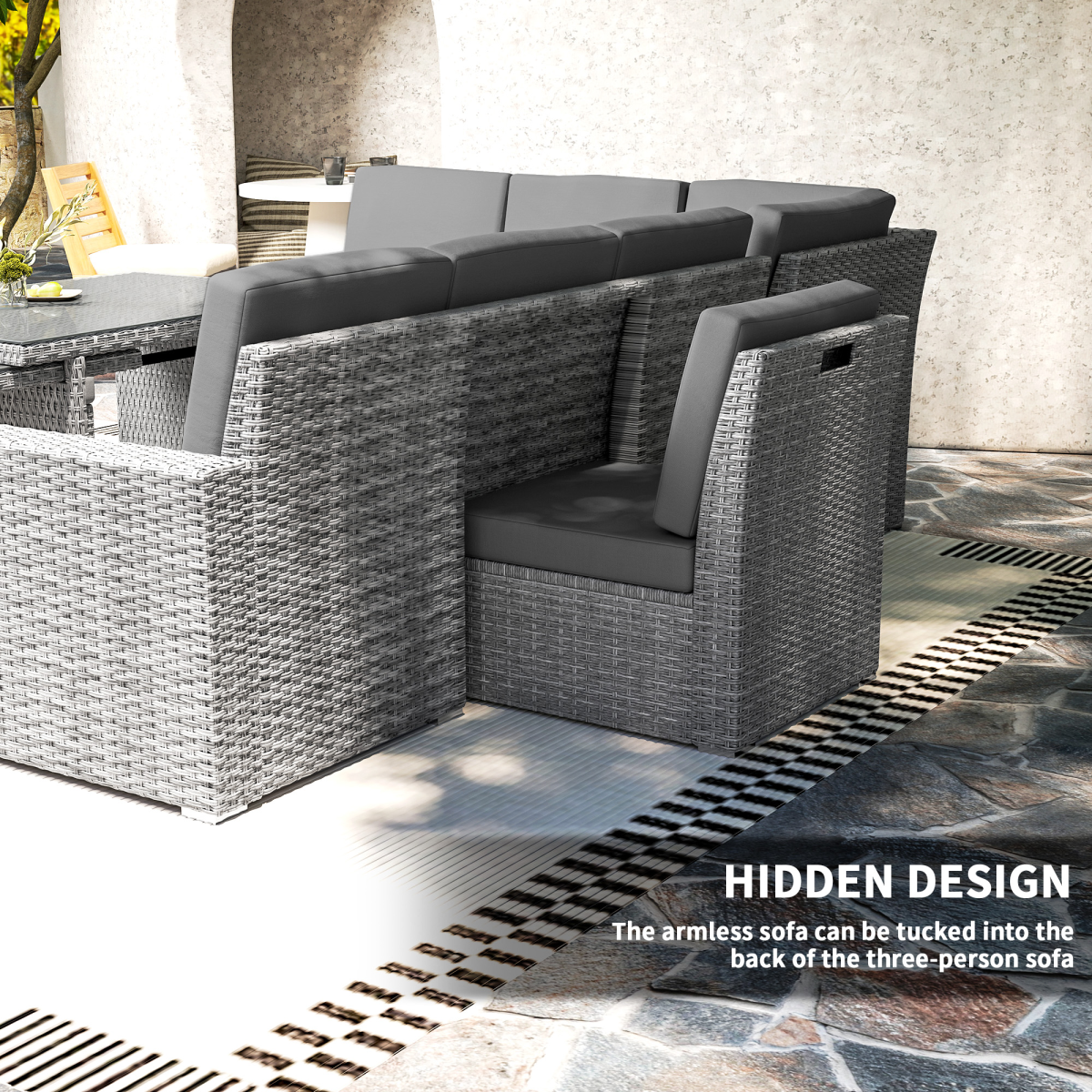 Outsunny 7-Piece 10-Seater Sofa Sectional Set with Cushions, Footstools and Glass Table