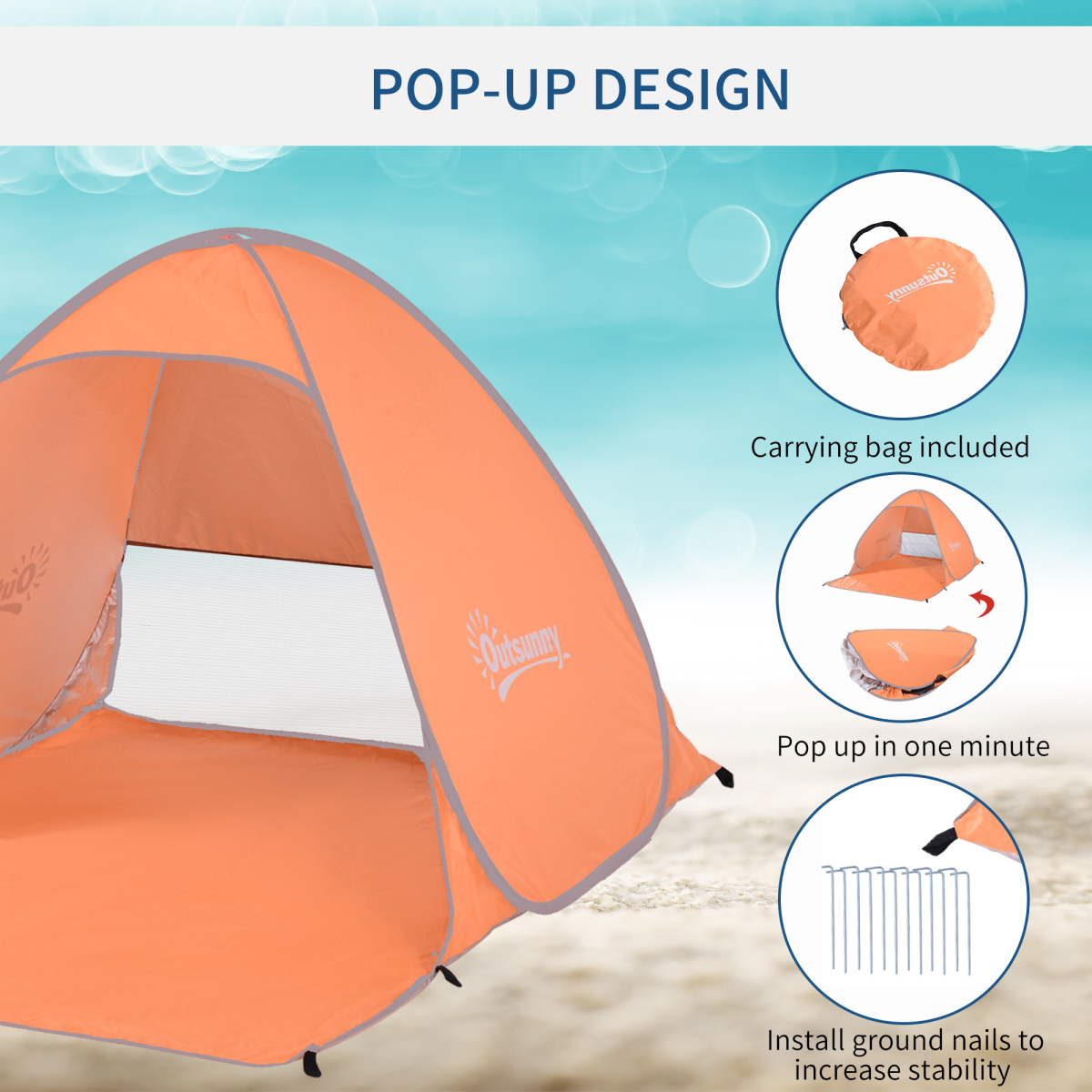 Pop-Up Beach Tent Sun Shade Shelter for 2-3 People with Ventilation Window, Stakes and Carry Bag, 200 x 150 x 119 cm