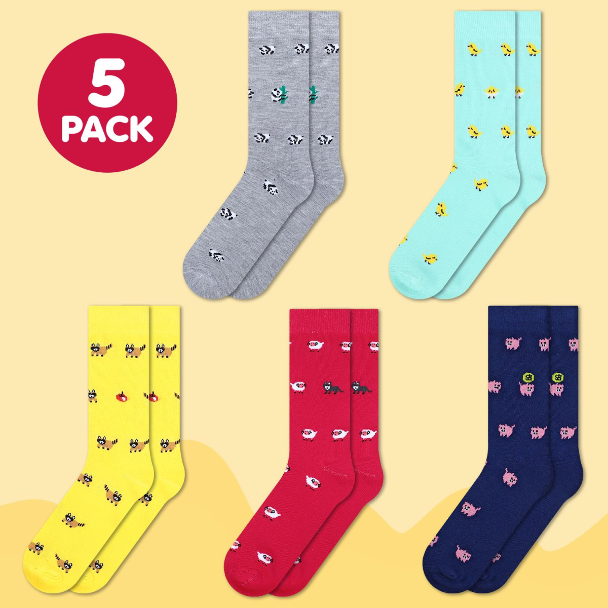Vinsani Animal Socks 5 Pack, Cute Animal Design, One Size Fits Women UK 4-7 EU 37-40