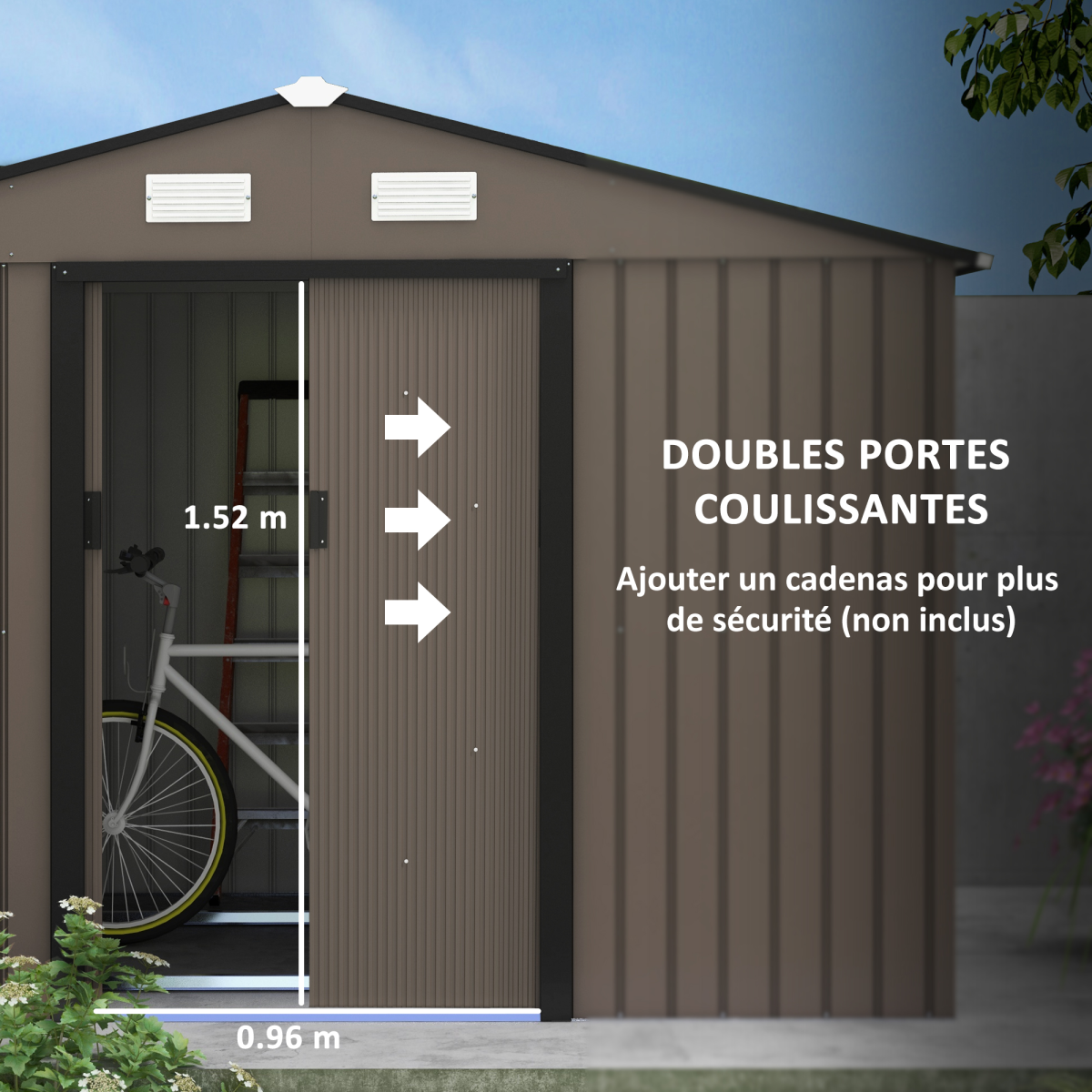 9 x 6 ft Outdoor Metal Garden Shed with Sliding Doors, Brown Galvanised Storage Shed