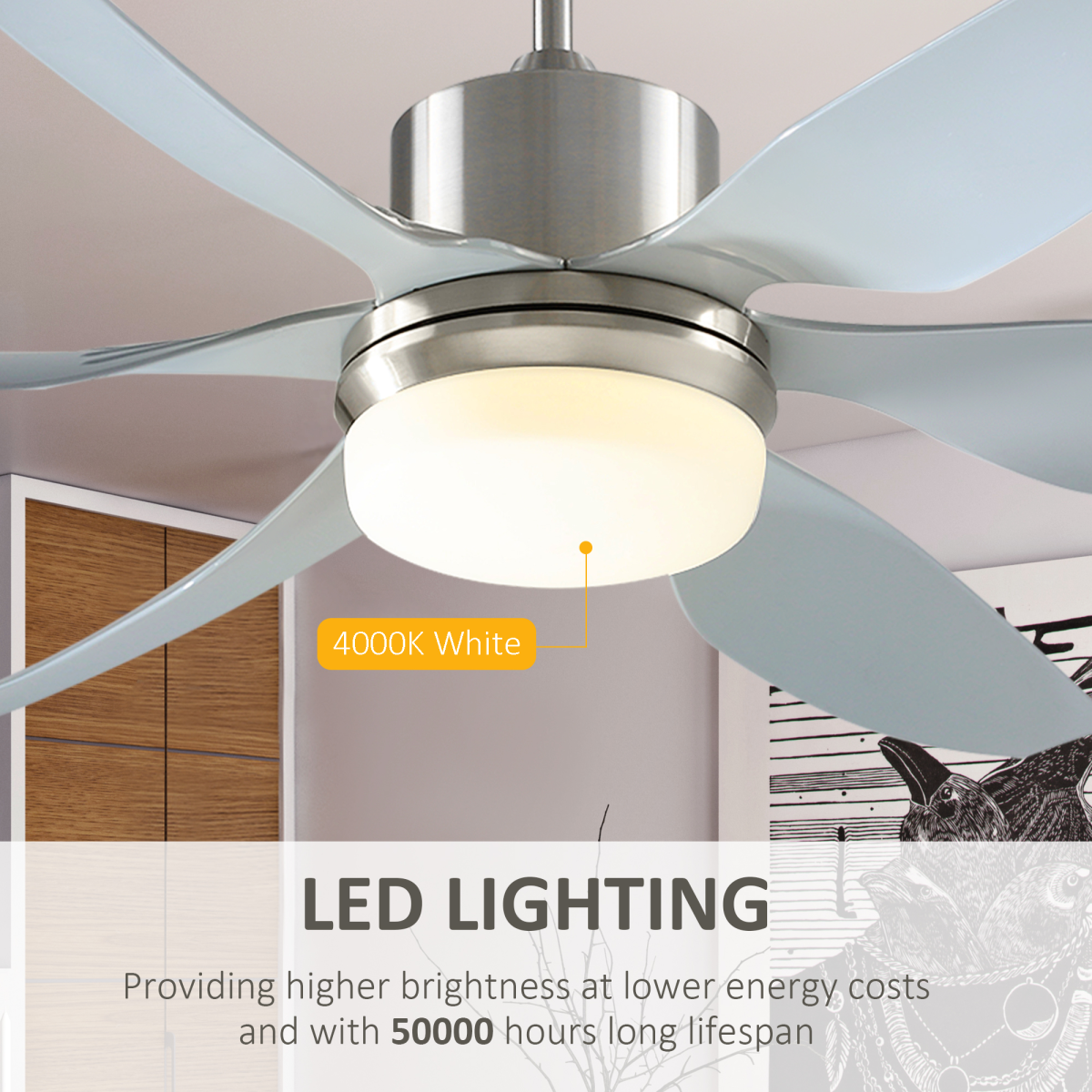 HOMCOM Reversible Ceiling Fan with Light, 3-Blade LED Ceiling Fan with RF Remote, Silver