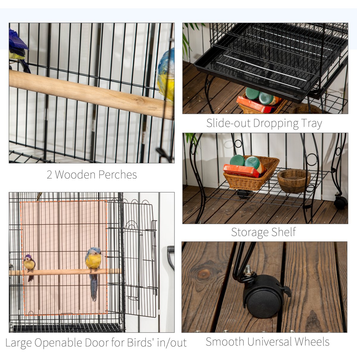 PawHut Large Metal Bird Cage with Perch & Feeding Stand, Black