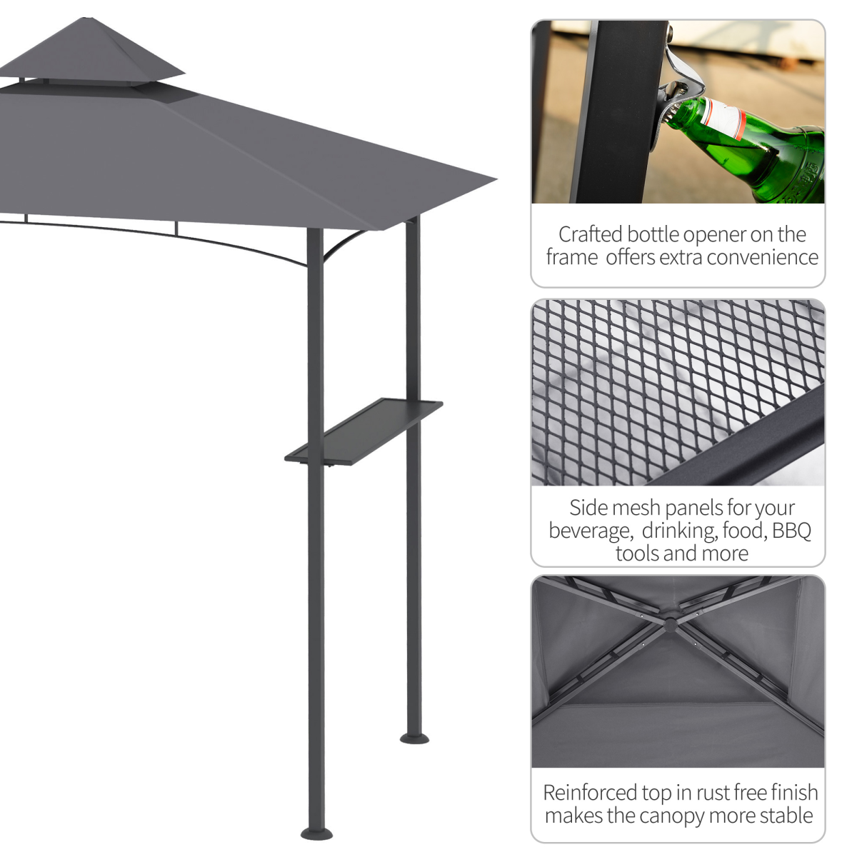 Outsunny 2.5M 8ft Double-Tier BBQ Gazebo Grill Canopy with Side Shelves, Grey