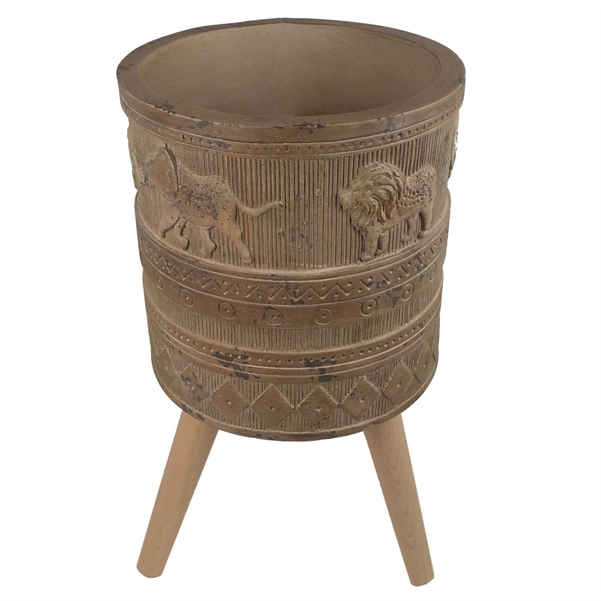 Leaf Large Jungle Planter with Legs, Embossed Lion Elephant, 55cm x 29cm, Fibreglass Composite