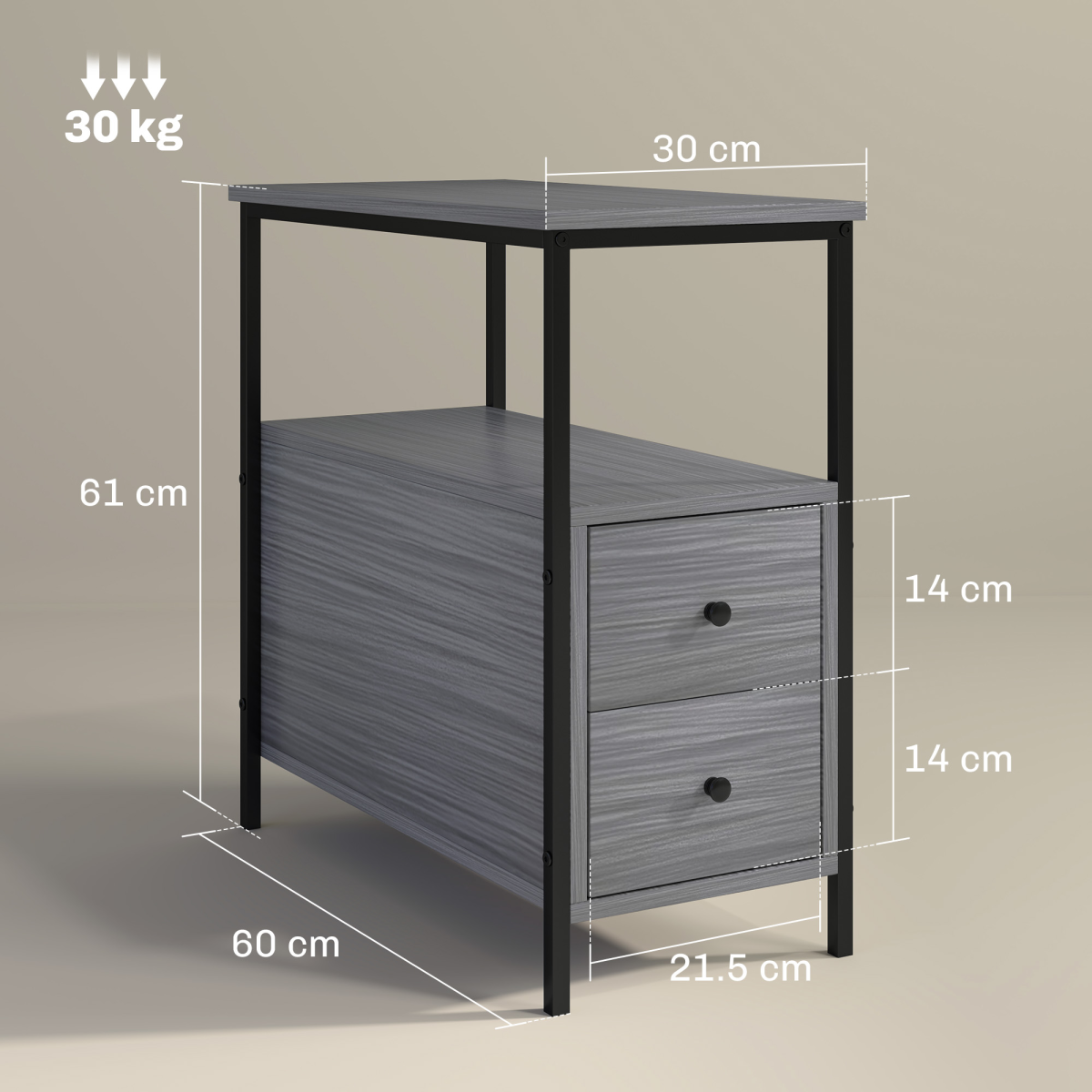 HOMCOM Narrow End Table with 2 Drawers and Storage Shelf, Grey