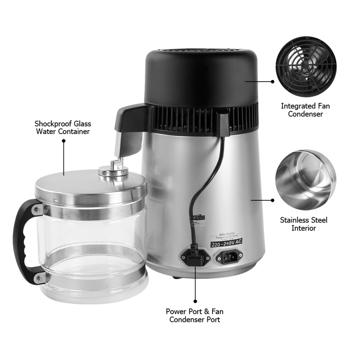 【Replace 23124634】750W Water Distiller Electric Purifier Stainless Steel Glass Water Filters