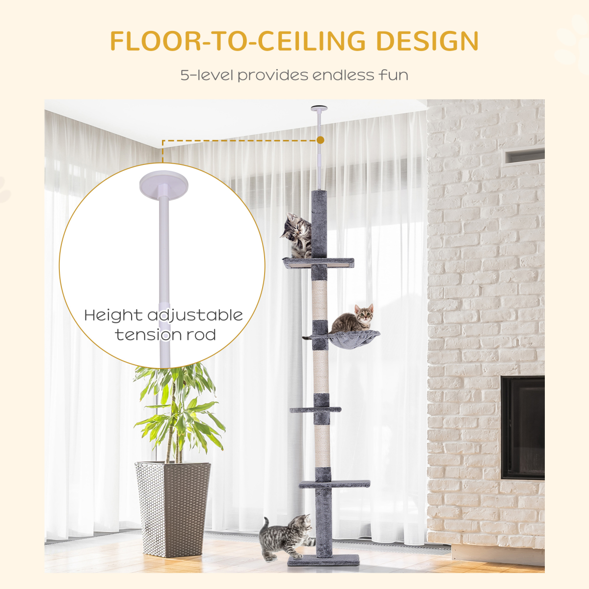 Cat Tree Scratching 5-Tier Kitty Tower Floor to Ceiling Adjustable Pawhut