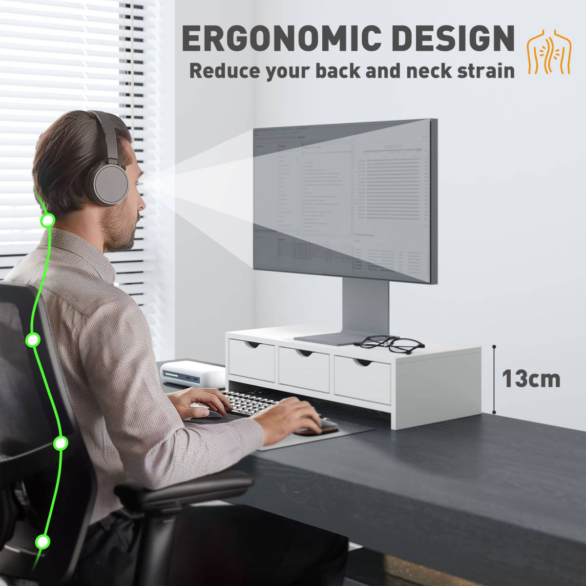 HOMCOM White Monitor Stand Riser with 3 Drawers, Wire Slot