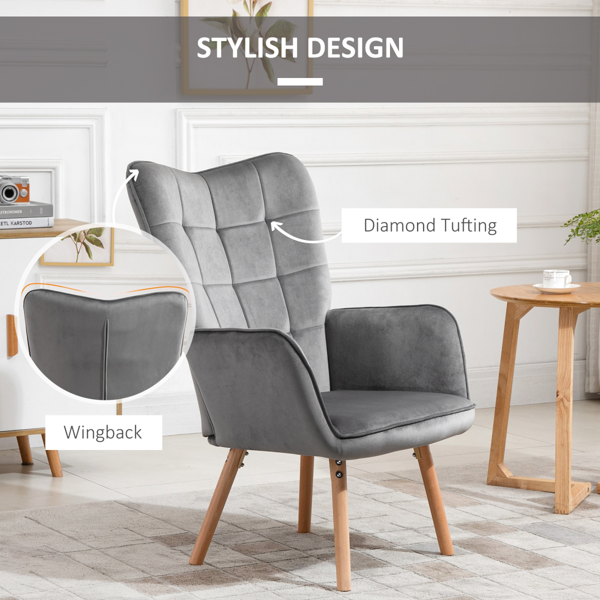 HOMCOM Modern Grey Velvet-Touch Tufted Wingback Accent Chair with Wooden Legs