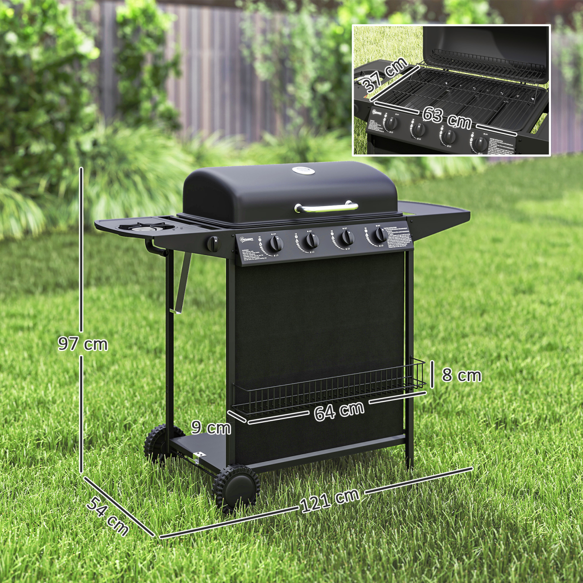 Outsunny 5-Burner Gas BBQ Grill with Side Burner, Lid, Black