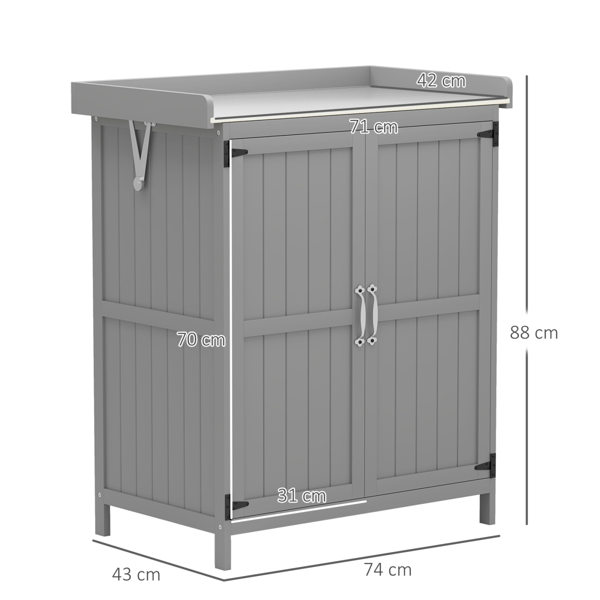 Outsunny Garden Storage Bench Workbench with Stainless Steel Top, Fir Wood, Hinged Roof and Double Doors, Grey