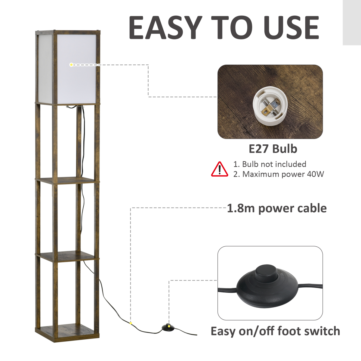 HOMCOM Floor Lamp with 3 Storage Shelves, Brown, E27 Bulb Base, Foot Switch