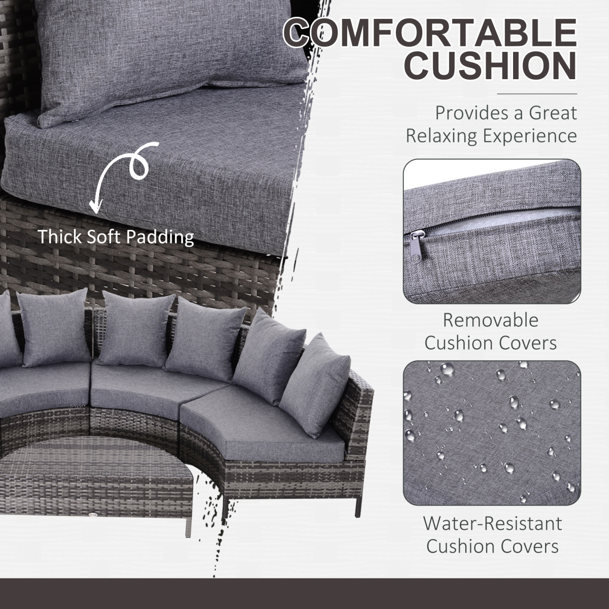 Outsunny 5-Piece Half Moon Rattan Garden Sofa Set, Grey