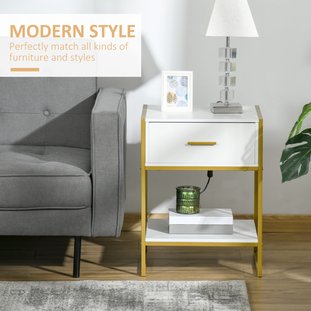 Modern White and Gold Bedside Table Nightstand with Drawer and Shelf