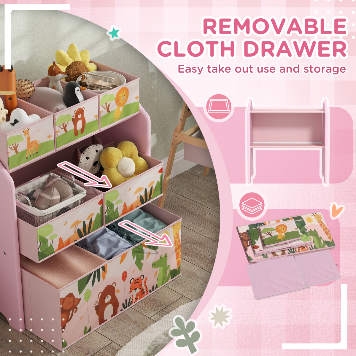 AIYAPLAY Kids 3-Tier Toy Storage Unit with 6 Removable Boxes, Pink