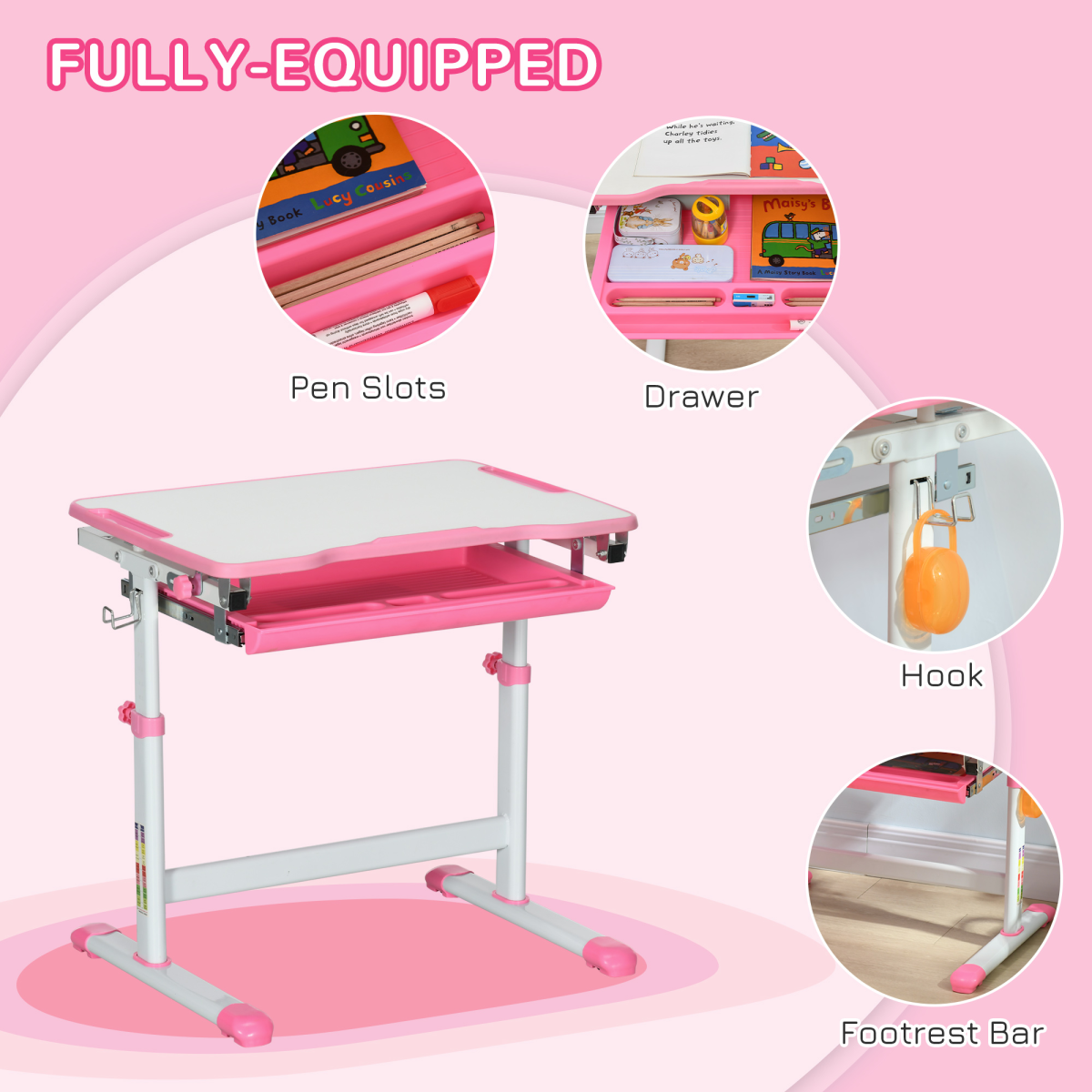 HOMCOM Kids Height Adjustable Desk and Chair Set with Drawer
