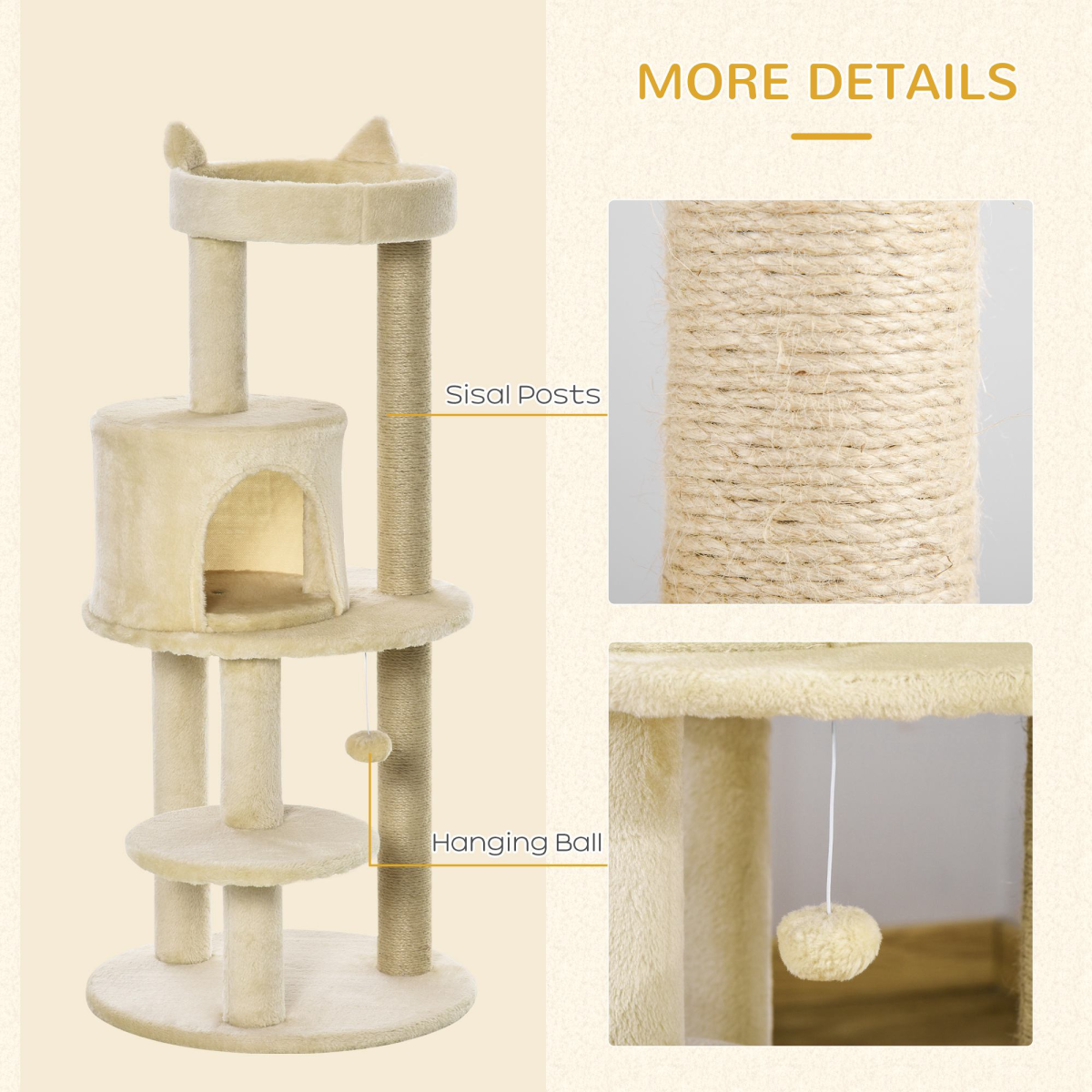 3-Tier Deluxe Cat Activity Tree Scratching Posts Kitten Beige Pawhut