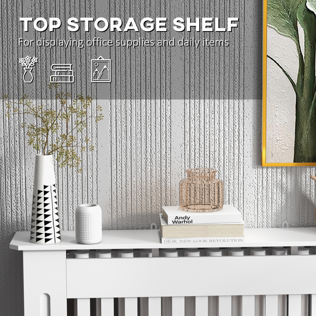 Radiator Cover Cabinet Painted Slatted MDF with Shelf, Lined Grill, 112 x 19 x 81 cm