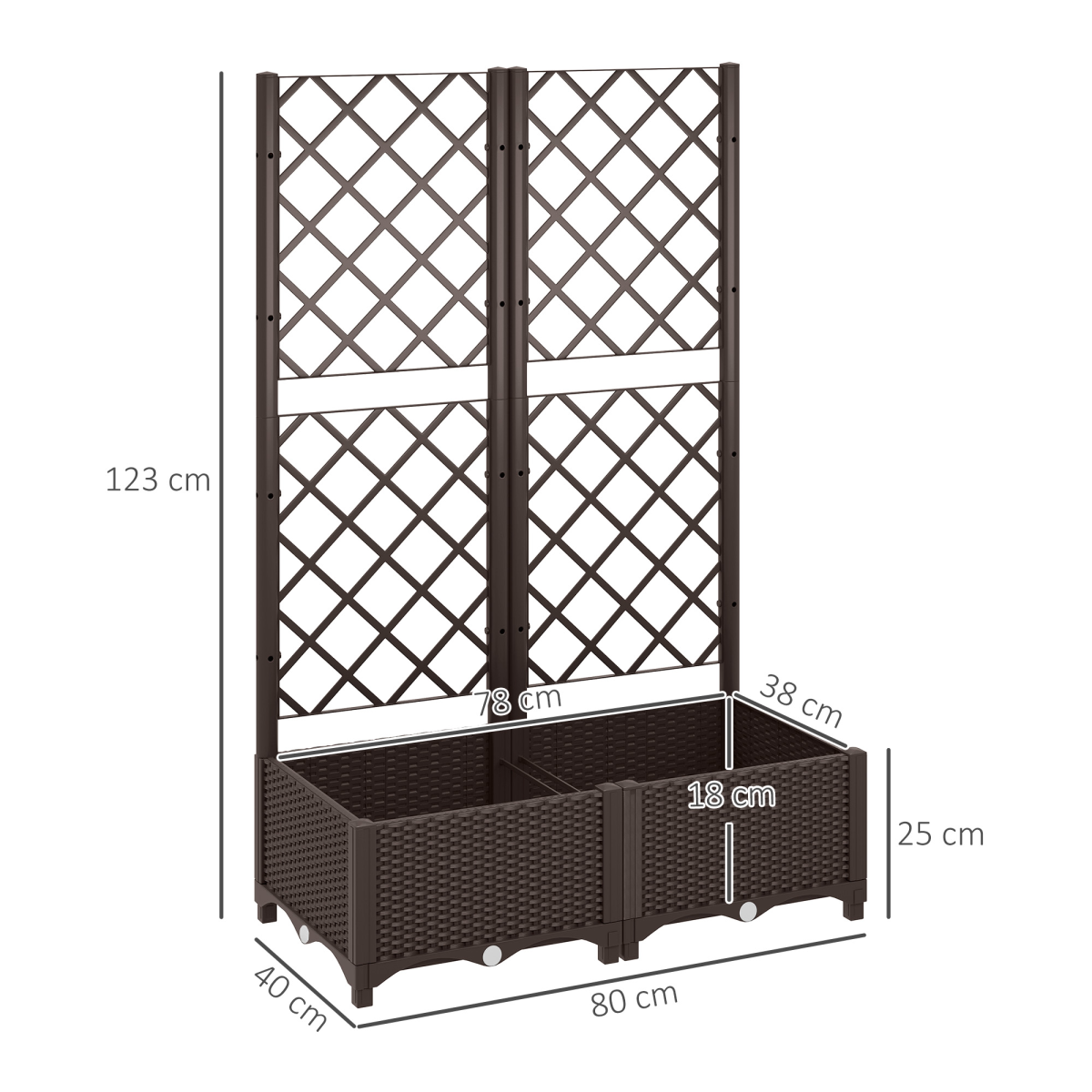 Outsunny Brown PP Planter Box with Trellis and Drain Plugs