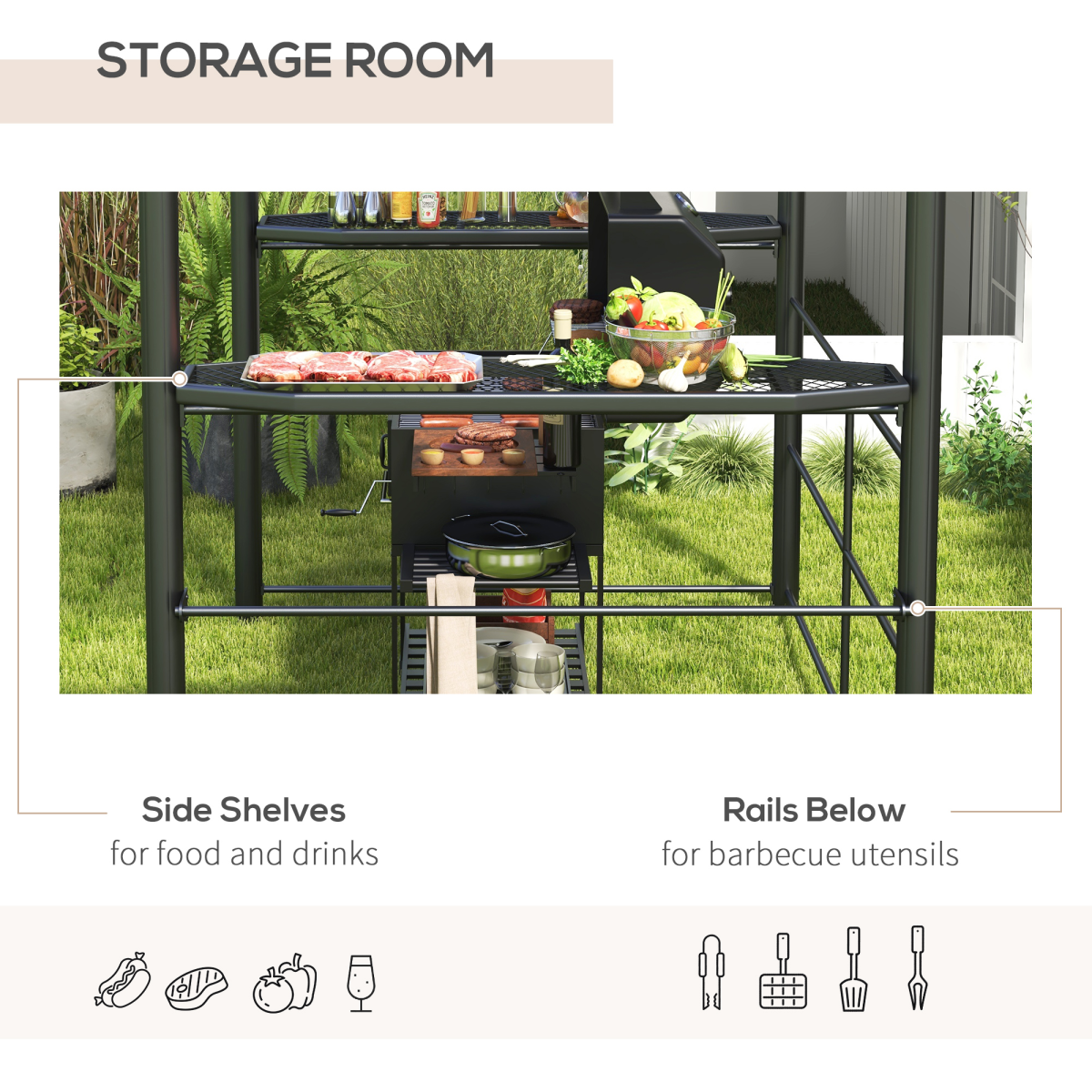 Outsunny BBQ Patio Gazebo with Polycarbonate Roof and 2 Shelves