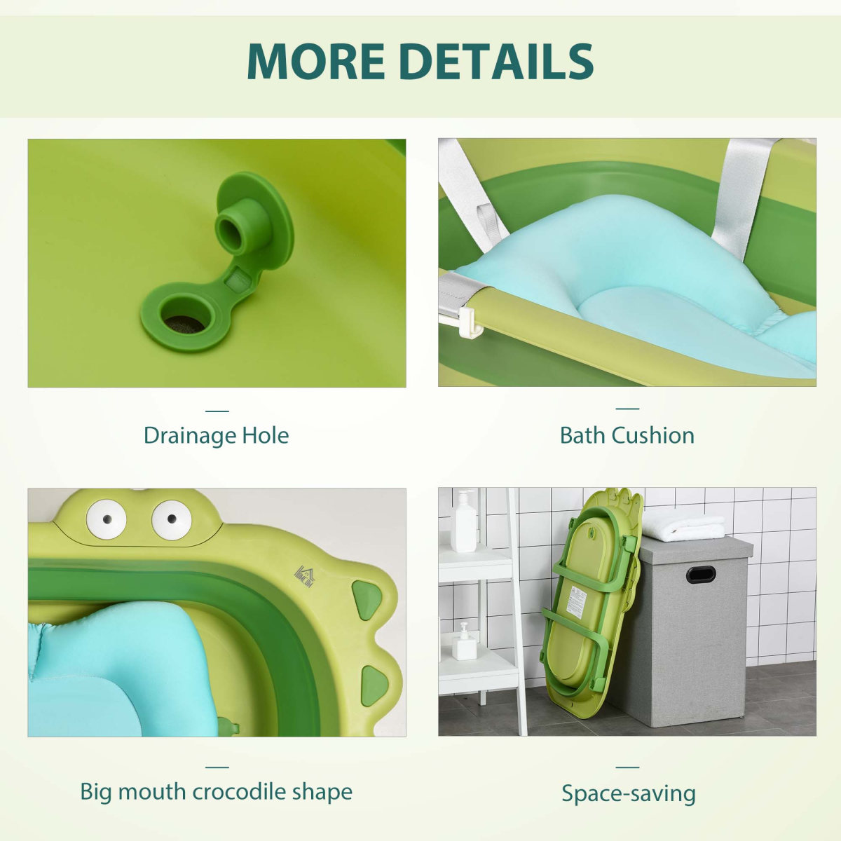 Foldable Baby Bath Tub with Cushion, Non-Slip, Green, Ages 0-3 Years
