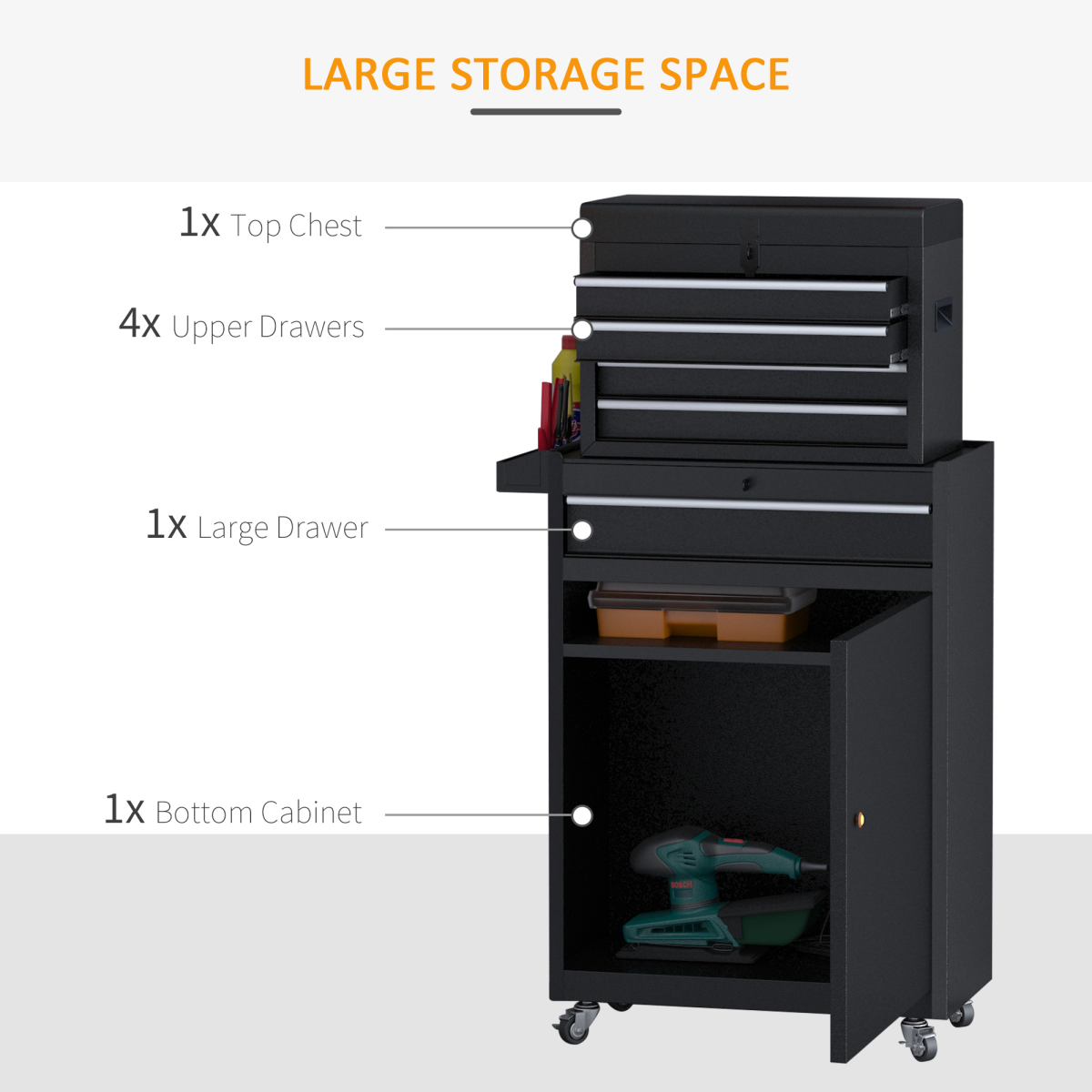DURHAND Steel Rolling Tool Cabinet with 4 Drawers, Duo-Door Tool Chest on Wheels, Black