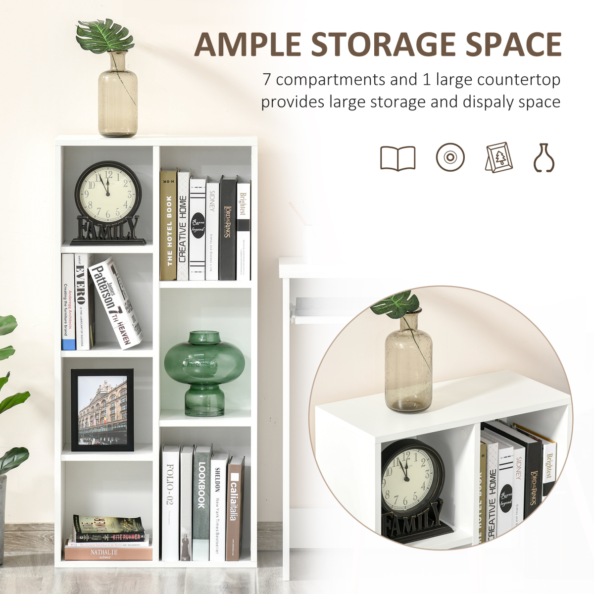 HOMCOM 7-Cube White Bookcase Shelf, Modern Storage for Home Office