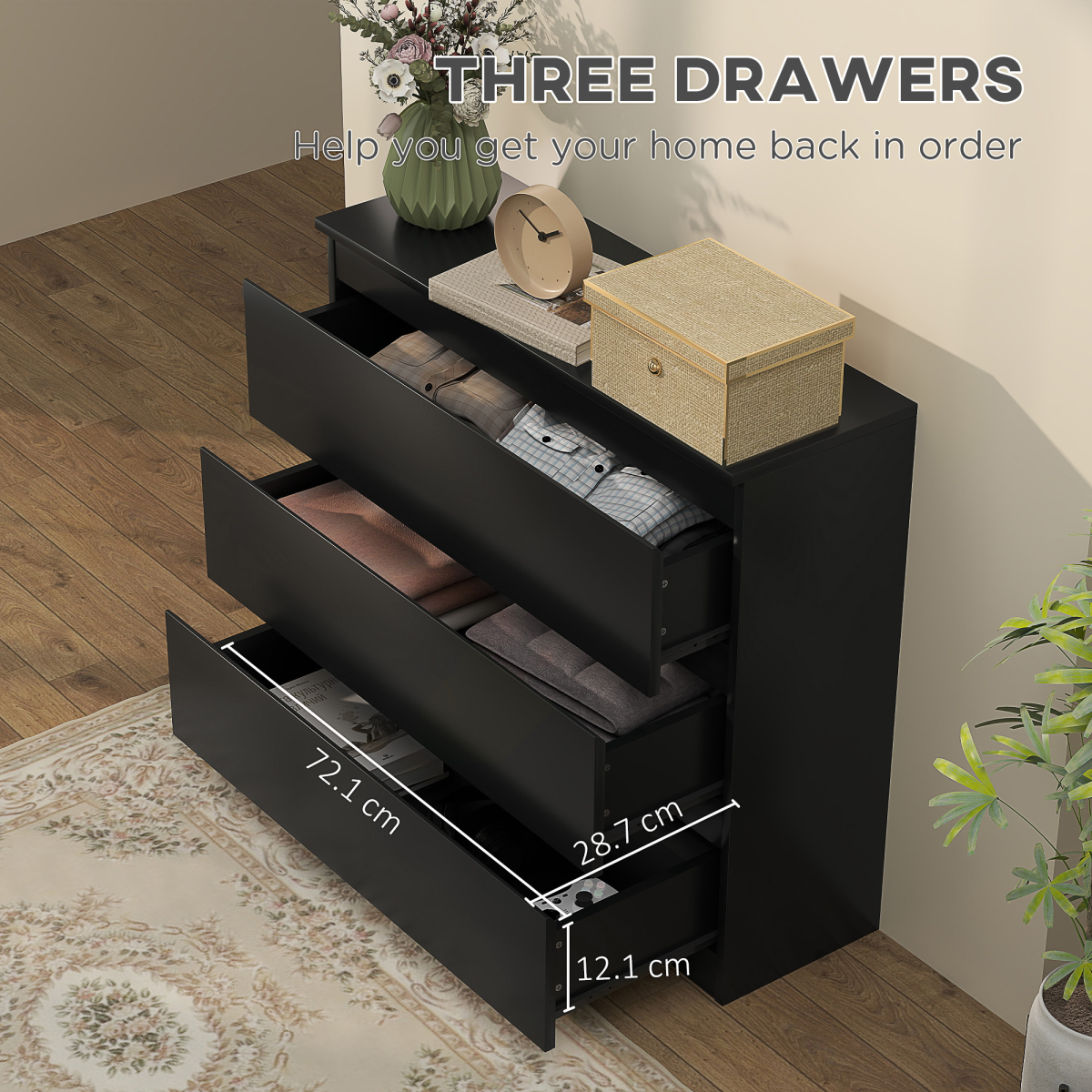 HOMCOM 3-Drawer Chest of Drawers Storage Cabinet, Black